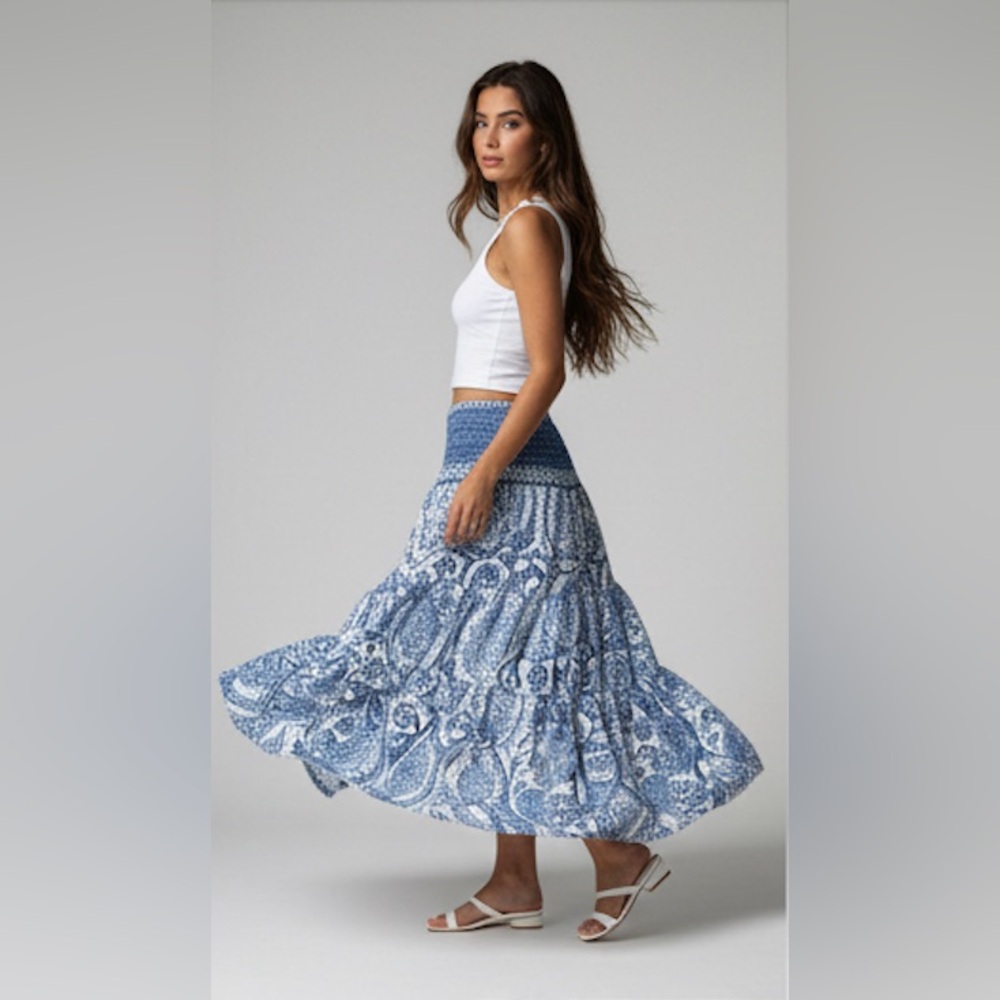 Bohemian Print Long Flared Shirred Skirt Blue - Picture 5 of 10